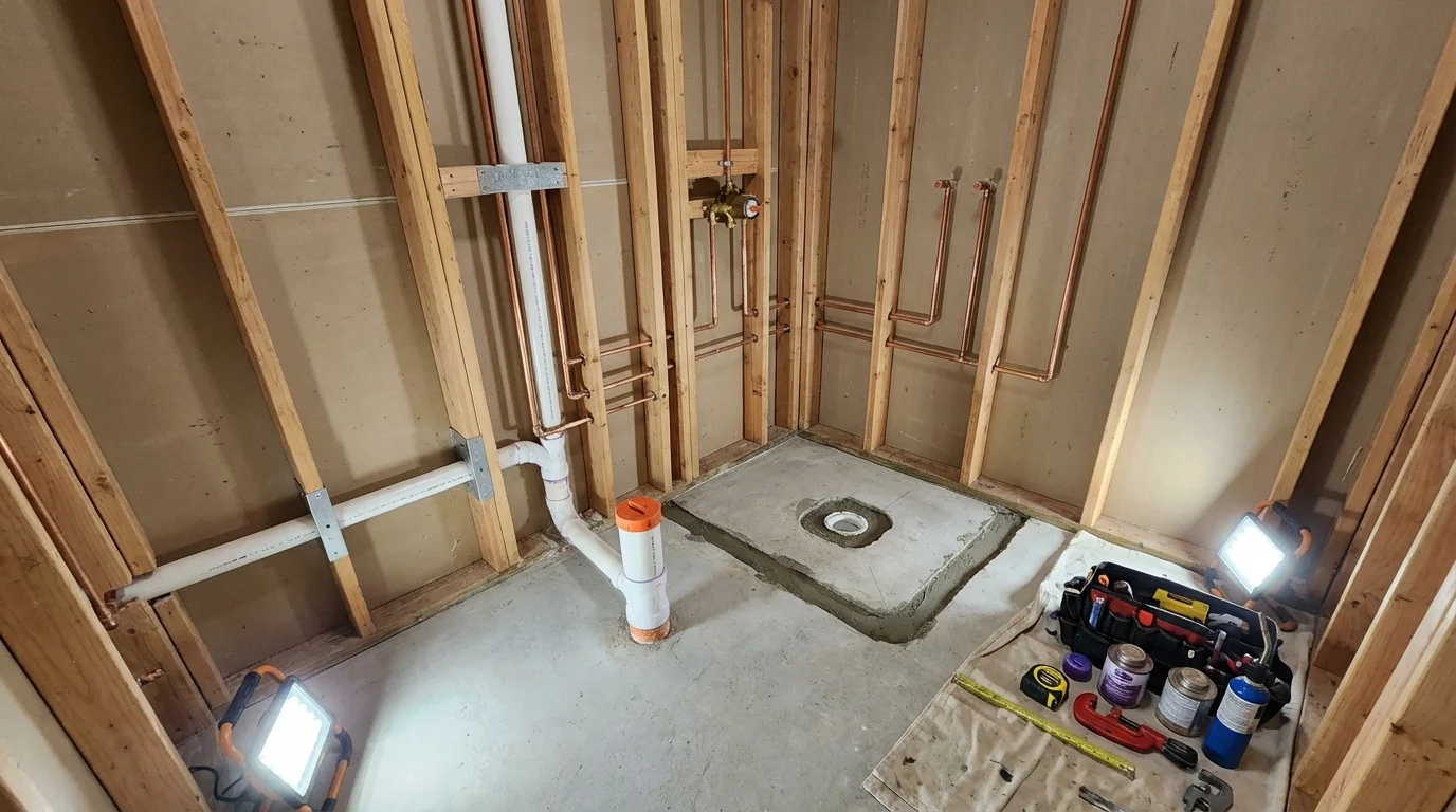 Bathroom rough-in plumbing during remodel by Johns Plumbing LLC in Cliffside Park