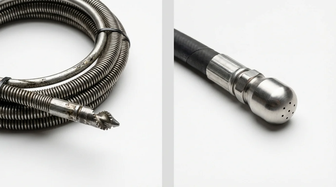 Drain snake cable and hydro jetting nozzle used for drain cleaning in Cliffside Park, NJ